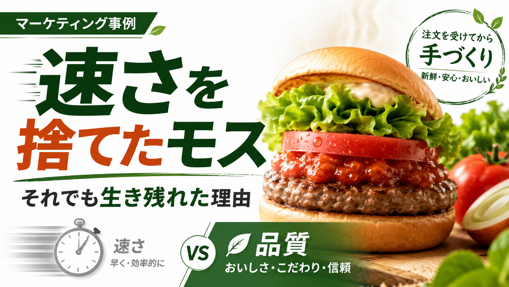 モスバーガーのマーケティング戦略として速さより品質を選んだ理由を表すアイキャッチ画像