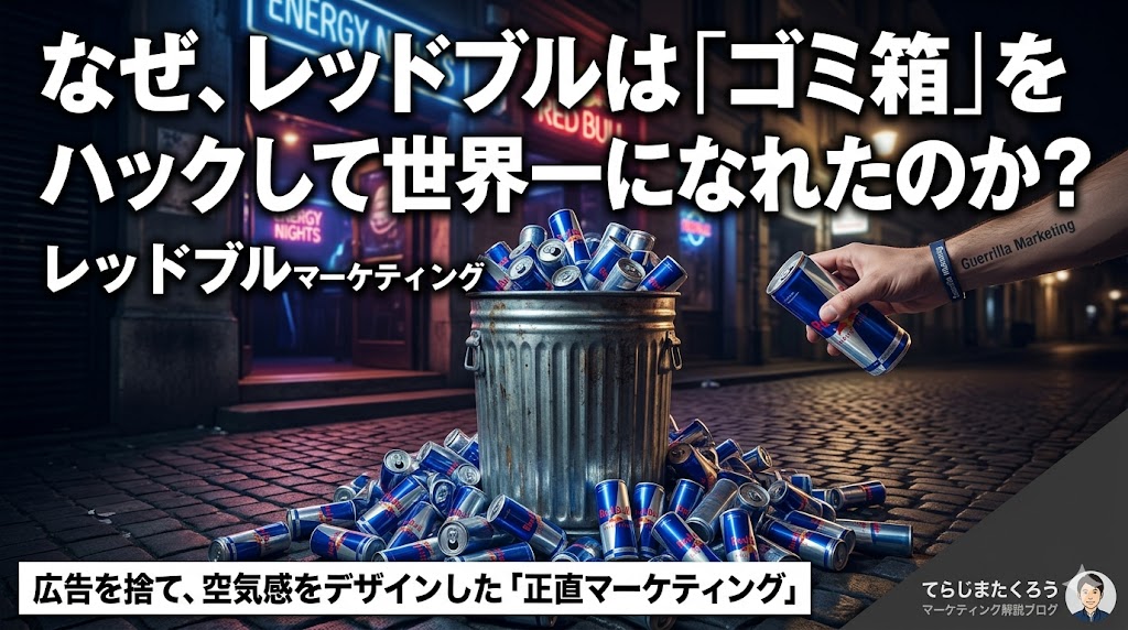 レッドブルはなぜゴミ箱をハックして市場を創れたのか？空き缶を使った社会的証明、ミステリアス戦略、エクストリームスポーツとの融合を解説する、てらじまたくろうのブログ記事アイキャッチ画像