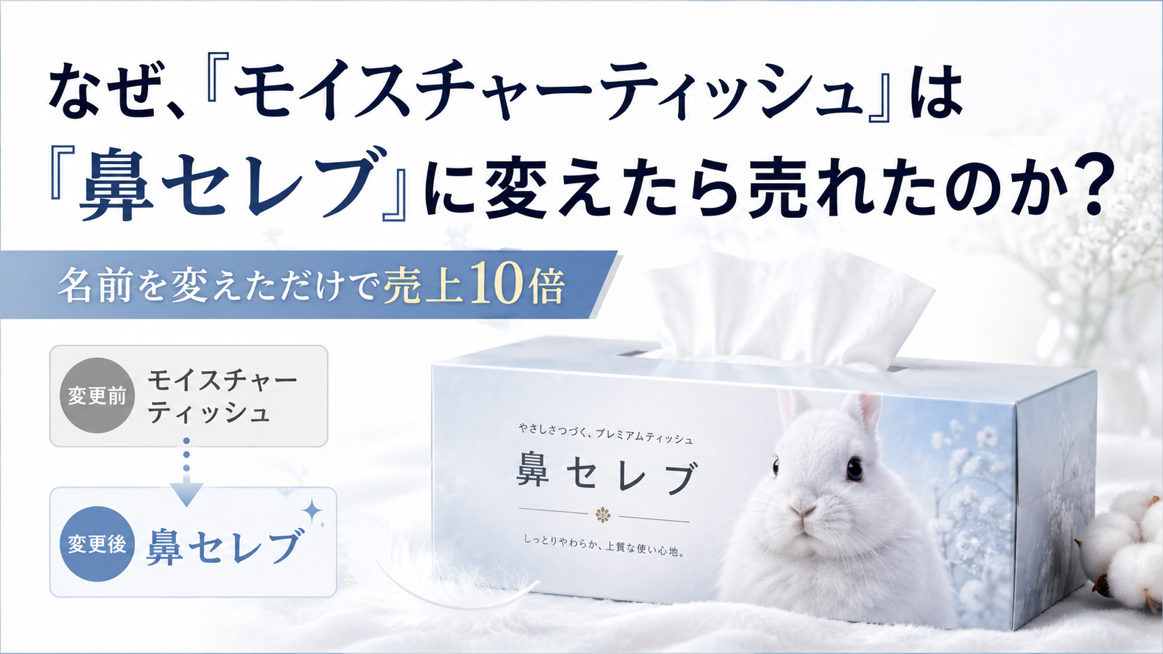 鼻セレブがモイスチャーティッシュから名前を変えて売れた理由を表すアイキャッチ画像