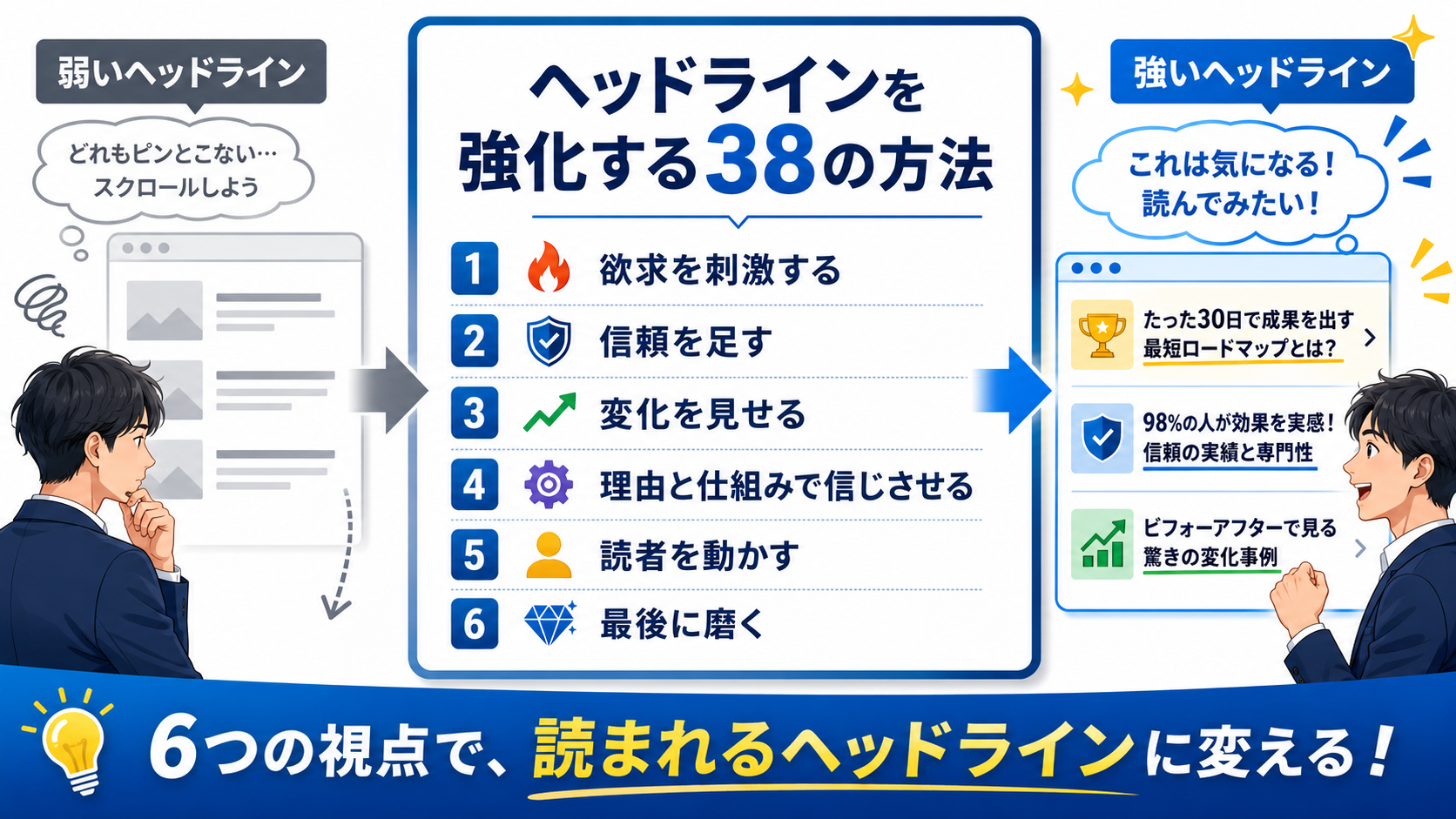 ヘッドライン コピーライティングとしてユージン・シュワルツに学ぶ38の改善法をまとめたアイキャッチ画像