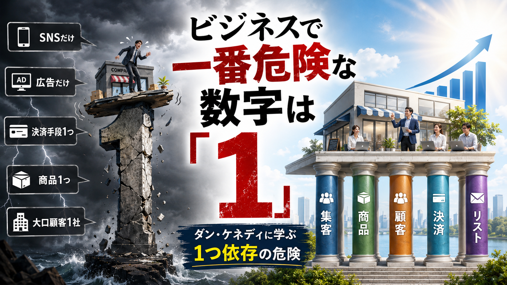 ビジネス 1つ依存の危険性とダン・ケネディのリスク分散の考え方を表すアイキャッチ画像