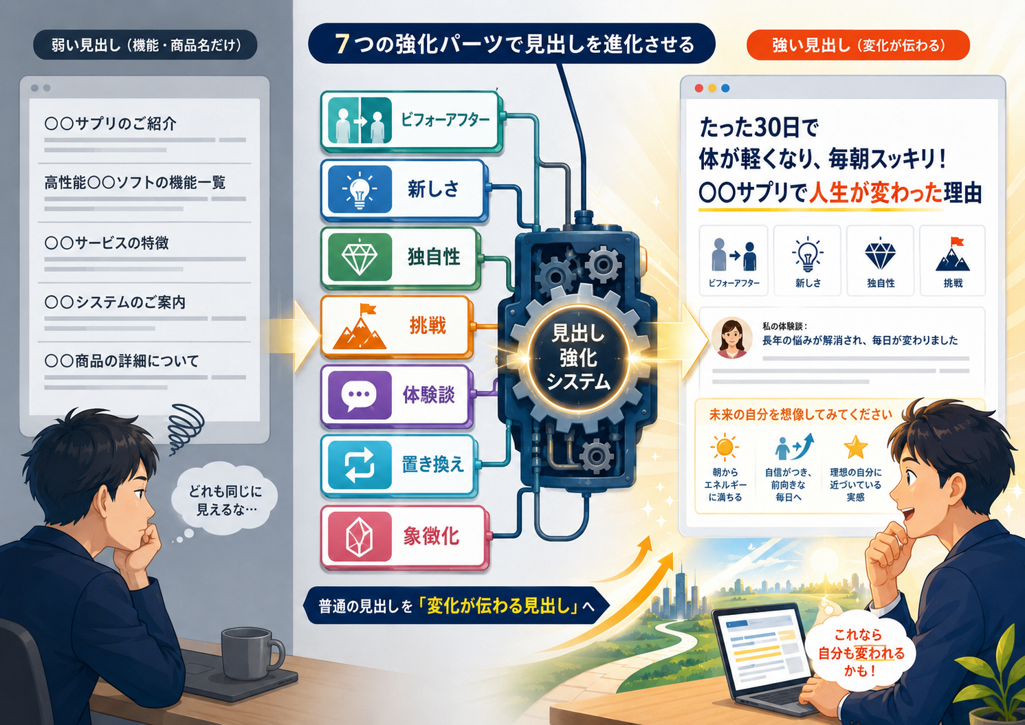 ヘッドライン コピーライティングとして変化を見せて読者が読みたくなる7つの方法を表すアイキャッチ