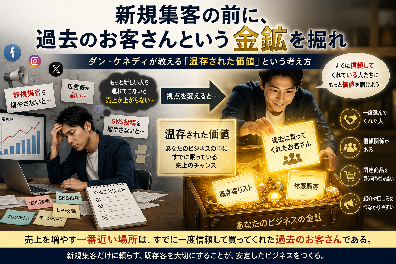 既存客マーケティングとして過去のお客さんという温存された価値を掘り起こす様子
