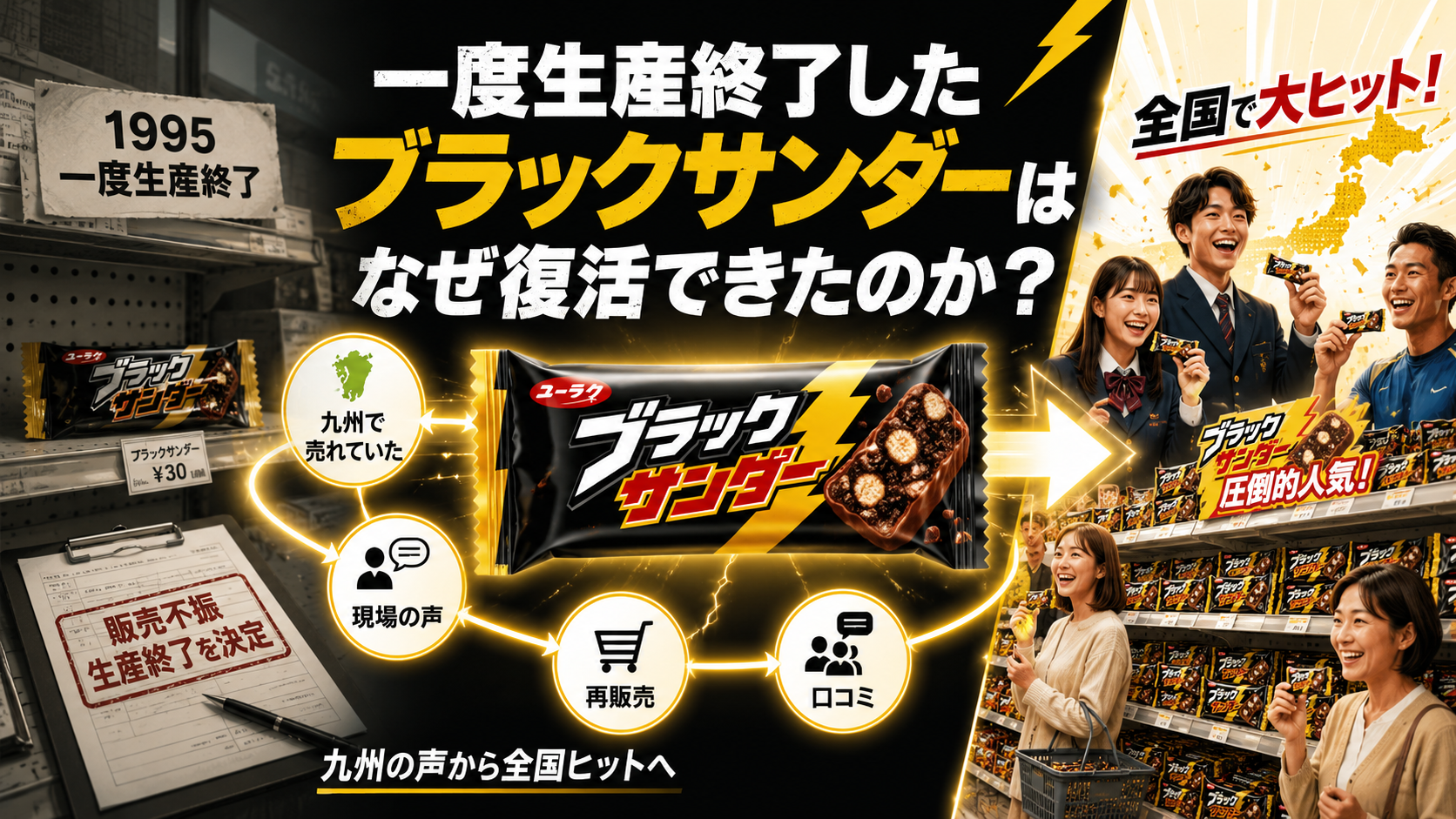 一度生産終了したブラックサンダーが九州の需要と現場の声から再販売され、全国的な人気商品へ成長したマーケティング事例